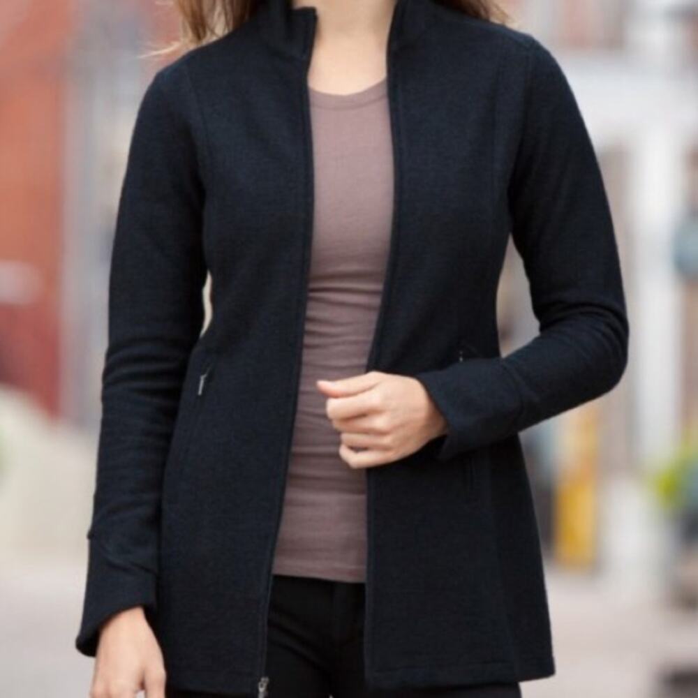 Ibex Backbay Women's Tunic Sweater Jacket Black Merino Wool Blend Small pockets